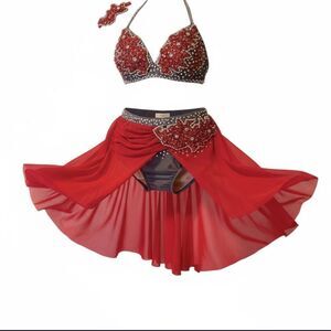 Glamour solo 2 piece dance costume red gray lyrical embellished bling XLC child